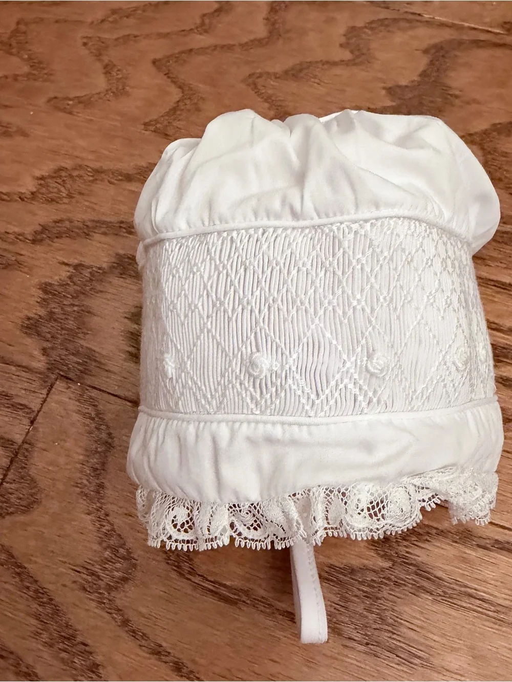 Smocked Classic White Lace-Trim Baby Bonnet